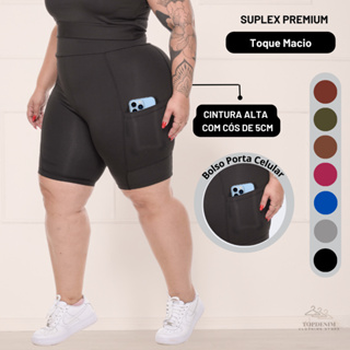 Short Legging Plus Size com Bolsa Porta Celular Suplex Bermuda Cintura Alta Moda Fitness Academia Zero Transparência em Oferta na Shopee