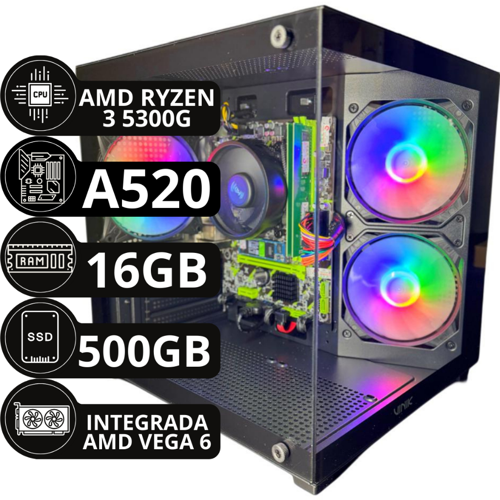 Pc Gamer Ryzen 3 5300G, A520, 16Gb ddr4 3200mhz (2x8gb), Nvme