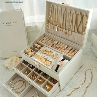 Porta Jóias Caixa Organizadora De Jóias Feminina Em Couro Com Duas Camadas/Anéis/Colar Fecho -Q19