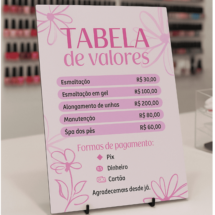 Placa Quadro Tabela de Preços em Mdf Manicure Pedicure Nail 