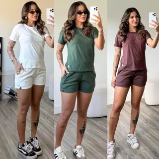 kit 3 conjunto feminino short feminino de moletom camiseta básica feminina blusa mais short de bolso blusa gola o em Oferta na Shopee