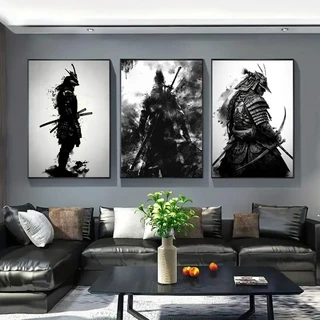 Kit 3 Peças Quadro Decorativo Samurai Japonês Guerreiro Bushido Preto e Branco Abstrato Decoração