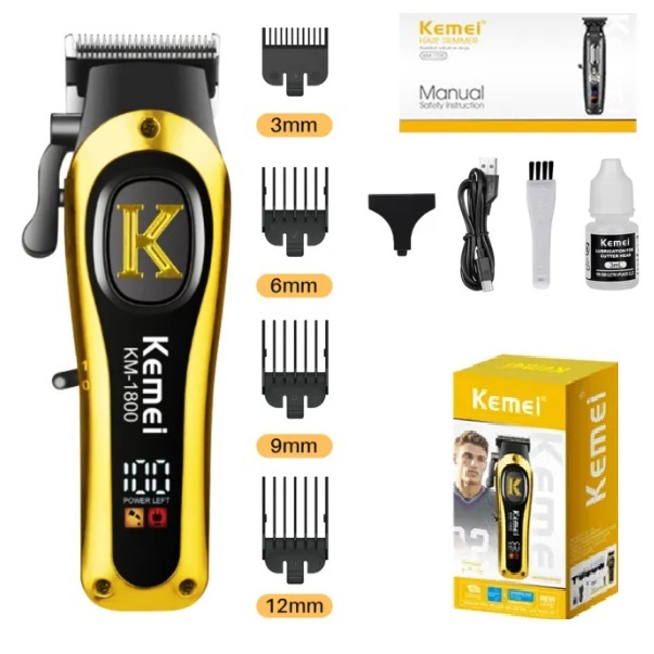KM-1800 Máquina de Corte Profissional Kemei PRO Recarregável Sem Fio Bateria Alta duração 6.800 RPM