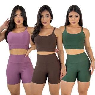 Conjunto top com short suplex premium cós alto fitness academia caminhada zero transparência feminino em Oferta na Shopee