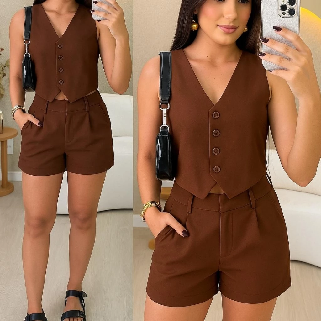 CONJUNTO GABI EM SHORTS E COLETE SOCIAL E ELEGANTE PARA ARRASAR NESTE FINAL DE ANO