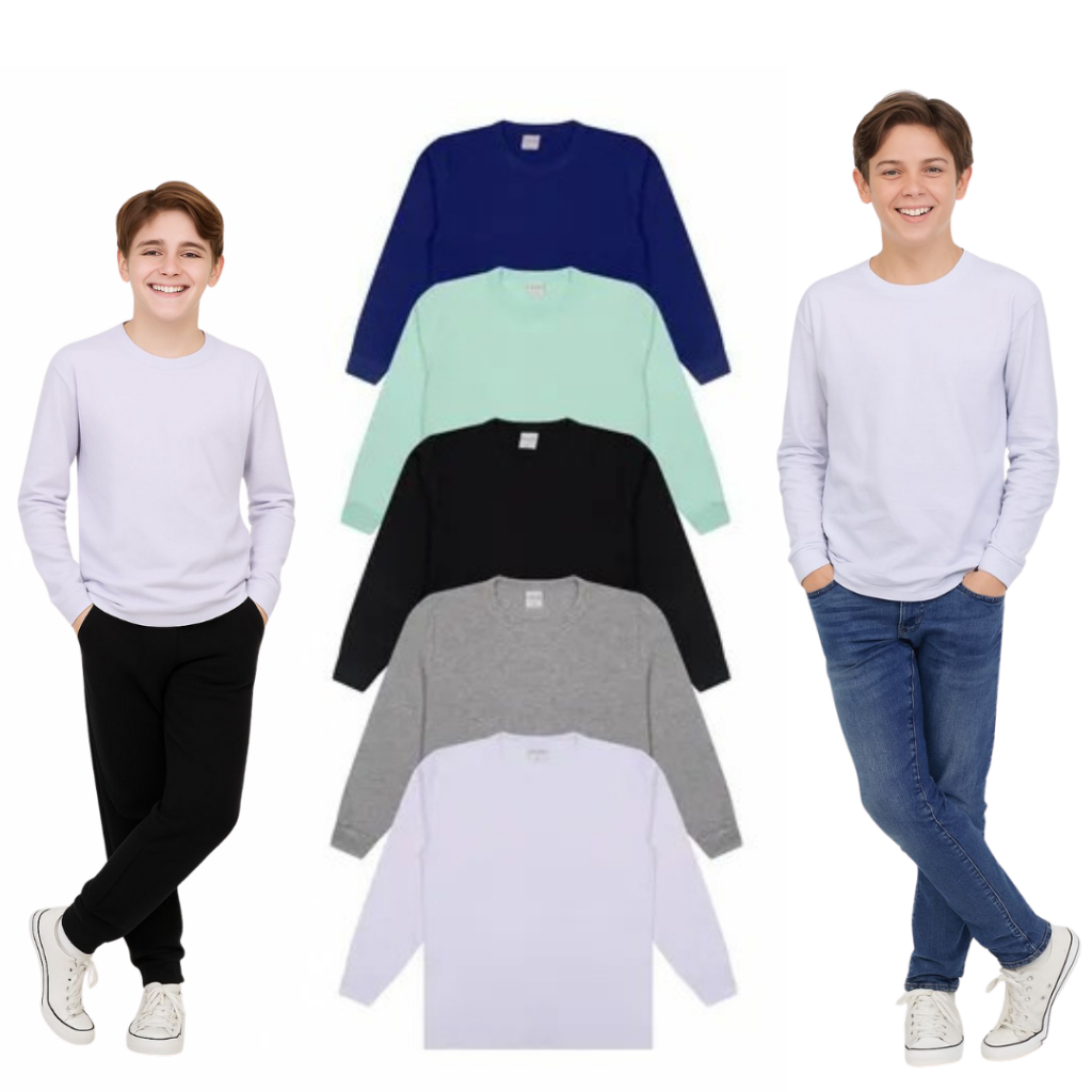 Kit 5 Camisas Manga Longa Menino e Menina 100% Algodão Escolar Básica ...