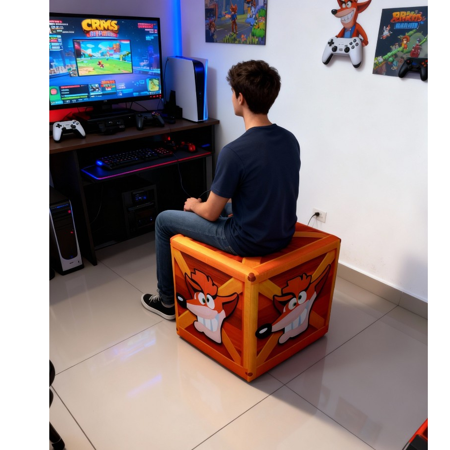 Puff Estampado Crash Bandicoot – Caixa Confortável para Sala e Quarto Gamer