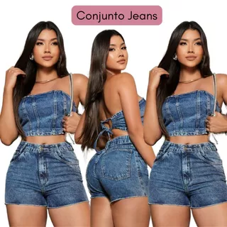 Conjunto Jeans Feminino Cropped Short Cintura Alta Marmorizado Americano Sem Elastano Laicra 100% Algodão