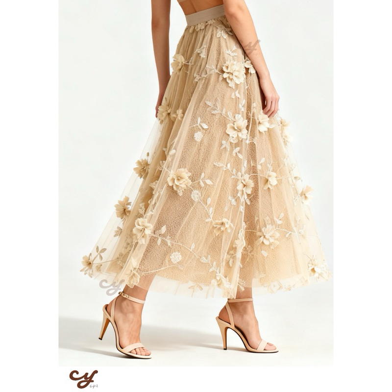 Saia Midi de Tule com Flores 3D Elegantes - Várias Cores - Tamanhos P ...