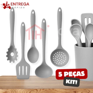 Kit 5 Utensílios para Cozinha de Silicone Escumadeira Concha Espátula Colher de Arroz Pegador