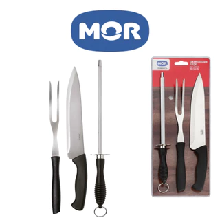 Kit Churrasco Mor Assador 3 Peças Faca Garfo e Chaira Aço Inox Cabo Preto Afiador Carne Assado Parrilla Grelha Cozinha
