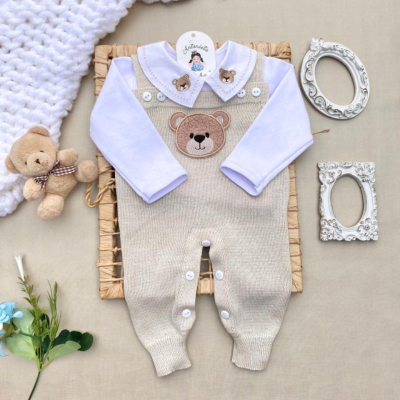 Saida de maternidade Conjunto Tricot Carinho Ursinho Bebê Bege