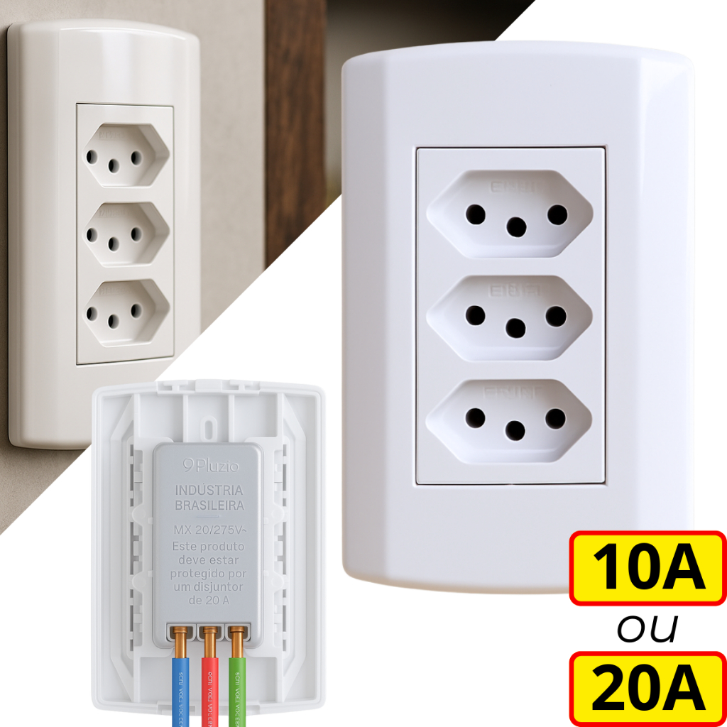 Tomada 20A 10A Amperes Tripla Monobloco Modular Linha Branca 10A 20A ...
