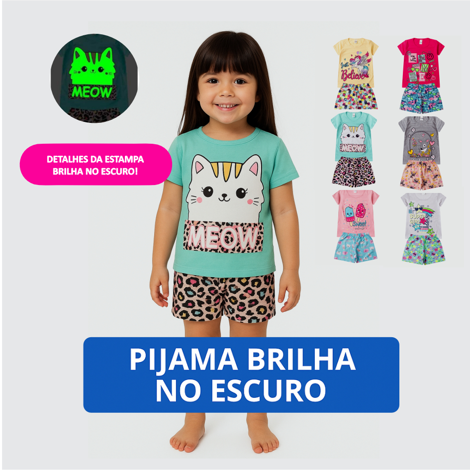 Pijama BRILHA NO ESCURO Manga Curta Verão Sortido Conjunto Infantil 100 ...