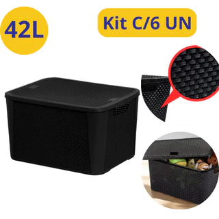 Kit Caixa Organizadora 42 Litros Rattan Preta Grande Multiuso Com Tampa Palstico