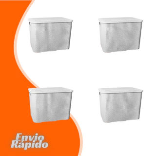 4 X Caixas Organizadoras Rattan 28 Litros Grande Cesto Organizador Multiuso Com Tampa Empilhável Plastico Decoraçao