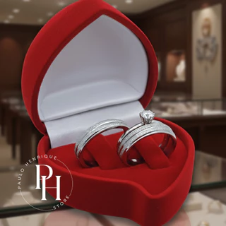 Par de Alianças Namoro Compromisso Noivado Luxo Premium Aço Inox Prata Diamantada + Caixa de Veludo