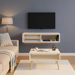 Kit Armário Rack Bancada Aéreo Branco + Mesa de Centro Compacta Moderna