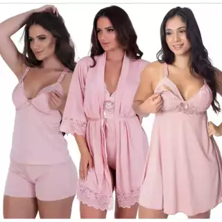 Kit Maternidade Premium 3 peças Robe Seda + Camisola Amamentação + Baby Doll Amamentação Pós Parto