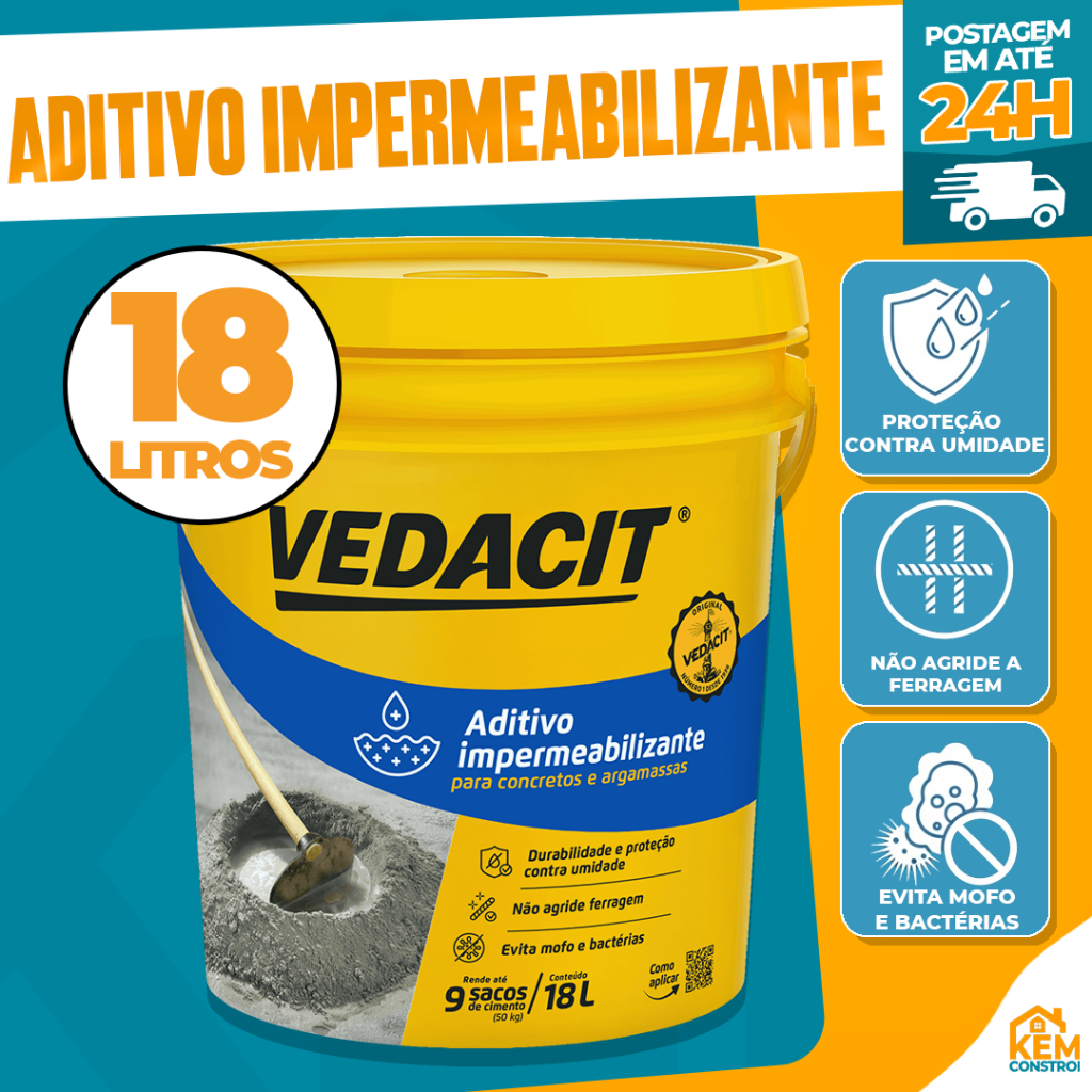 Aditivo Impermeabilizante Vedacit 18L Para Concreto e Argamassa, Massa ...