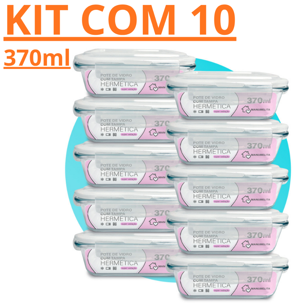 Conjunto 10 Potes de Vidro Hermético Marmita Tampa 4 Travas 370ml Super Vedação Quentinha Fitness