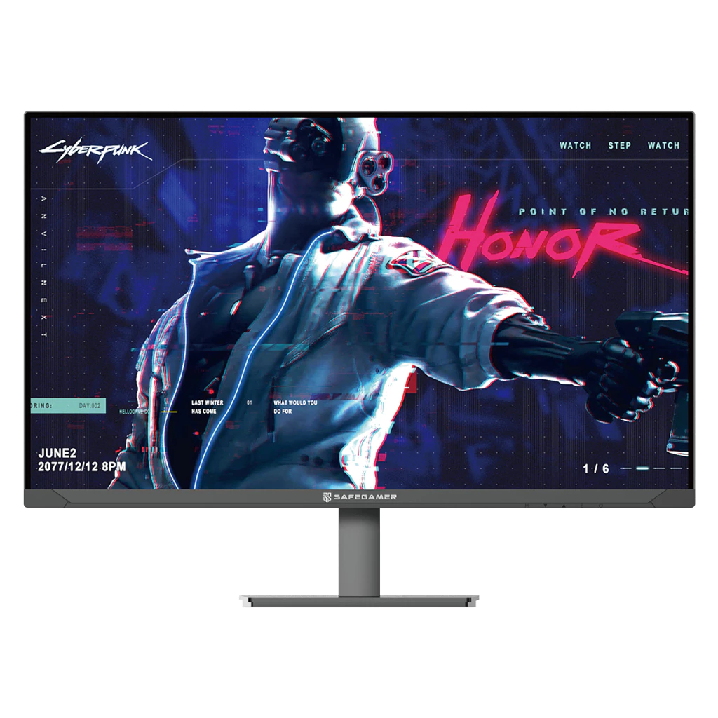 Monitor gamer Safe Gamer 27 polegadas exibindo arte promocional de Cyberpunk no display