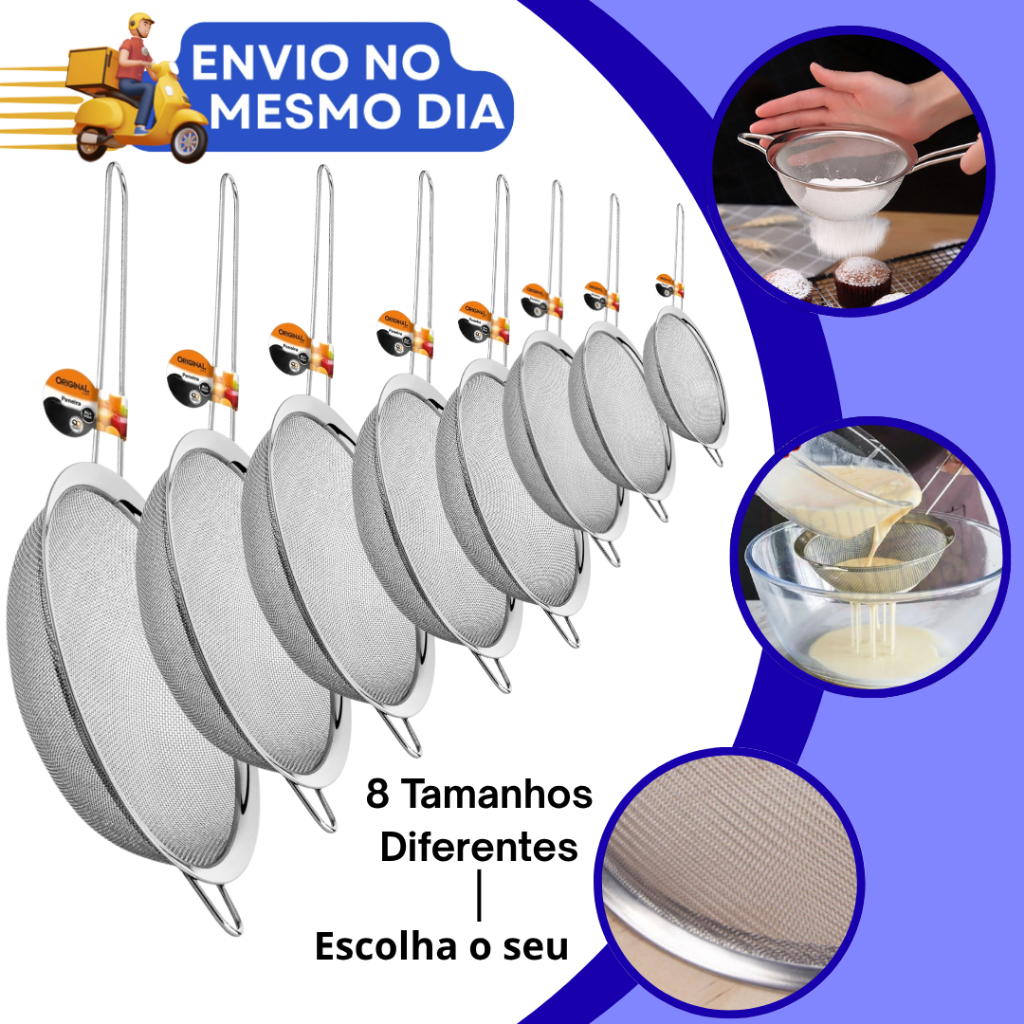 Peneira Aço Inox com Cabo para Cozinha Coador Açucar Farinha Fritura ...