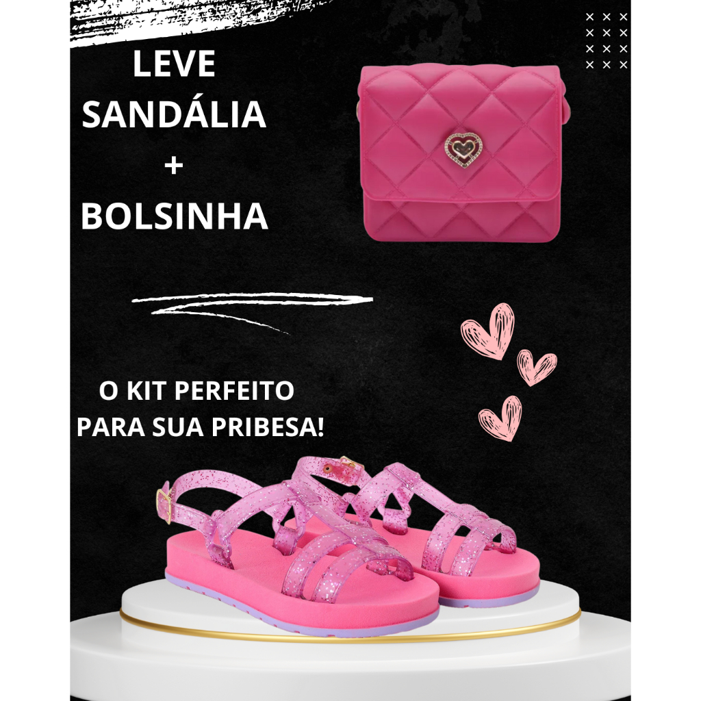 SANDALIA BIA BRILHO NA CORREIA E BOLSINHA MODINHA ROSA KIT PERFEITO