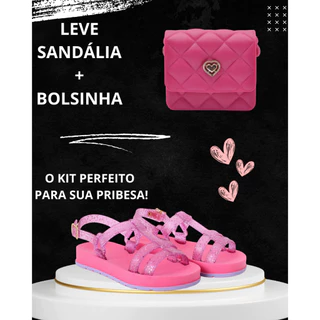 SANDALIA BIA BRILHO NA CORREIA E BOLSINHA MODINHA ROSA KIT PERFEITO