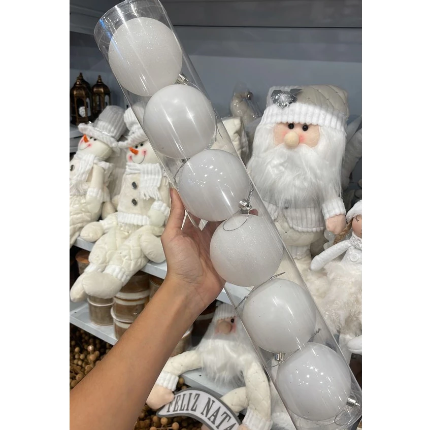 Kit Bola de Natal Branca Brilho Fosco e Glitter com 6und 8cm