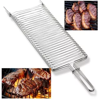 Grelha Dupla Folha Abaulada Pequena Premium 53 x 16 churrasco Peixe Frango Linguiça Aço Abre e Fecha