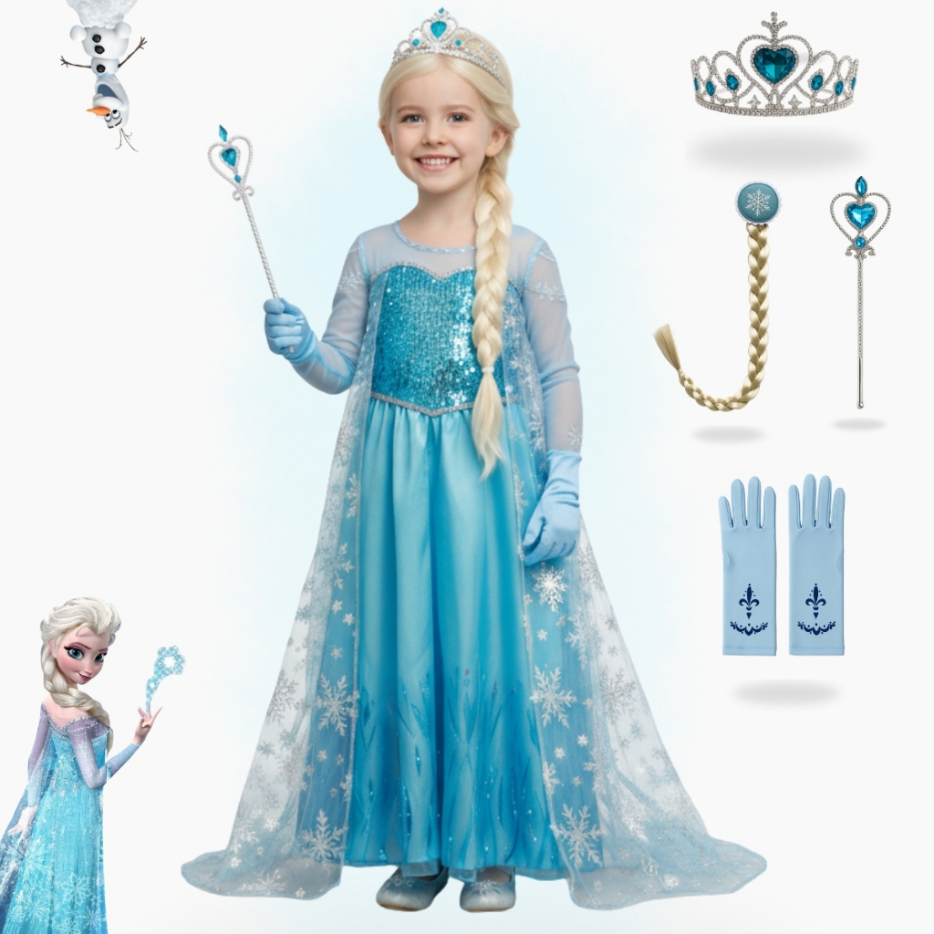 Fantasia Vestido Infantil Elsa Frozen Com Capa E Acessórios Festa