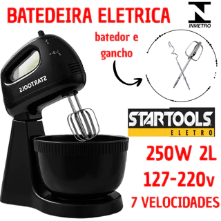 Batedeira Eletrica 2L 250W Potente 7 Velocidades C/ Batedor E Gancho 127V Ou 220V Resistente Prática em Oferta na Shopee