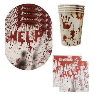 KIT Completo 20 Convidados Pratos Copos Papel Guardanapos Halloween Help Festa Aniversario Terror