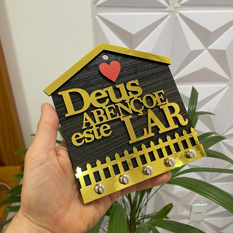 Porta Chave Quadro Decorativo Modelo Casa Frase DEUS ABENÇOE ESTE LAR