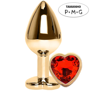 Plug Anal P M G Inox Dourado Pedra Joia Coração Casal Estimulador Excita Dilata Lubrifica Sex Shop