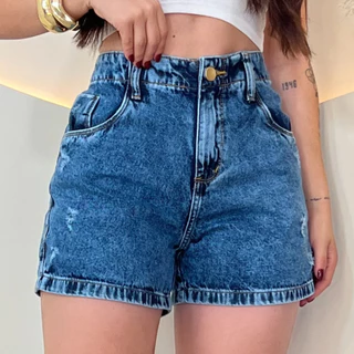 Short Jeans Feminino Cintura Alta Meia Coxa Boyfriend Bermuda feminina Estilo Blogueira 100% Algodão