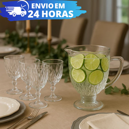 Conjunto Jarra Diamond 1200ML e Jogo Taças 340ML Diamante Kit Água Suco Vinhos