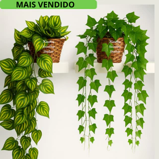 Arranjo Completo 1 Vaso Vime Trançado Marrom + 1 Pendente Planta Pendurada Hera Ivy