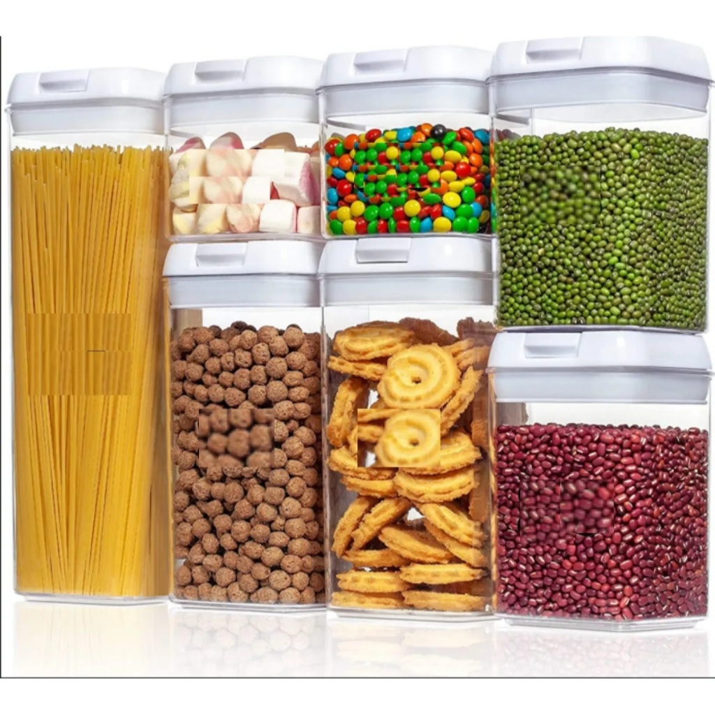 Kit 07 Potes Herméticos Transparente Tampa Branca Mantimentos Armario Dispensa Quadrado Acrílico | Shopee Brasil