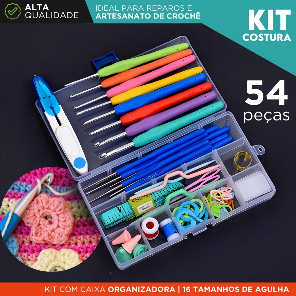 Kit Crochê e Costura Completo 54 Peças com Agulhas, Acessórios e