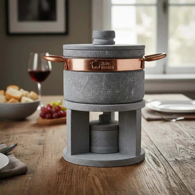 fondue de pedra sabão em uma mesa de jantar