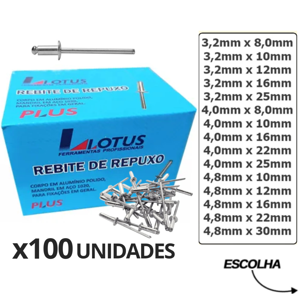 Rebite Pop Repuxo Alumínio Diversos Tamanhos para Rebitadeira - KIT 100 ...