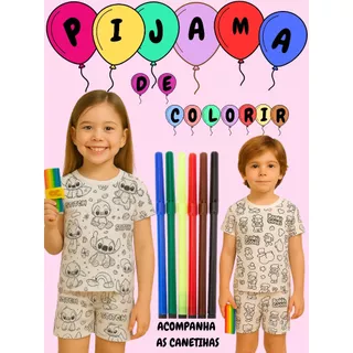 PIJAMA INFANTIL MANGA CURTA COM CANETINHA LAVÁVEL CONJUNTO INFANTIL PARA COLORIR  DIVERÇÃO GARANTIDA PARA AS CRIANÇAS em Oferta na Shopee