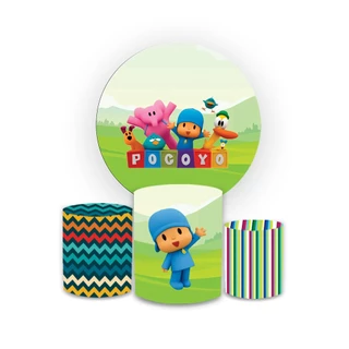 Kit Capas Painel Sublimado Tema Pocoyo Festa de Aniversário + Trio de Capas de Cilindros