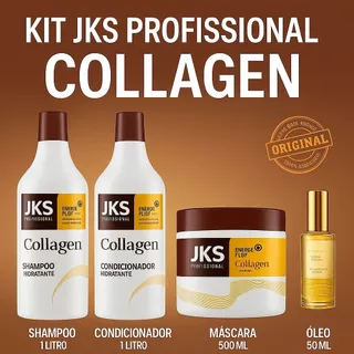 Kit JKS Profissional Collagen Shampoo 1L + Condicionador 1L + Máscara 500ml + Óleo 50ml .
