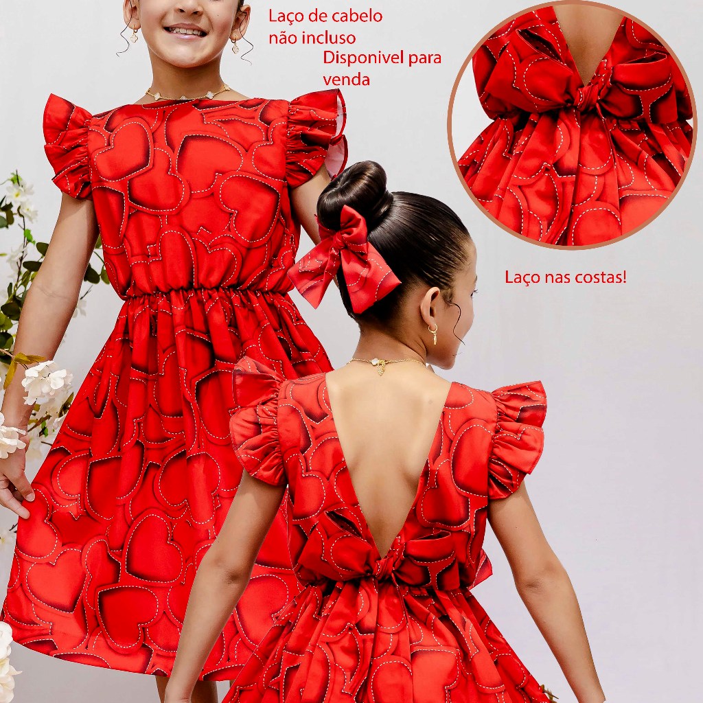 Vestido Dia-das-Crianças Manga Infantil Menina Estampado Casual