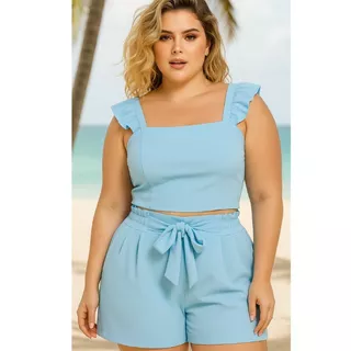 “Conjunto Feminino Plus Size Cropped e Short com Amarração – Moda Verão Elegante e Confortável”
