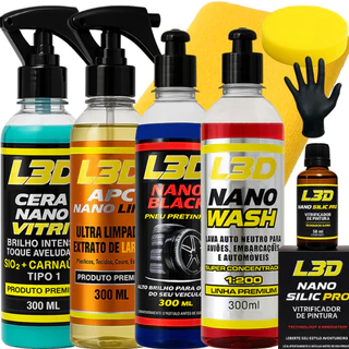 Kit Lavagem Automotiva Vitrificador L3D, Cera Cristalizadora, Shampoo, Higienizador APC, Pretinho em Oferta na Shopee