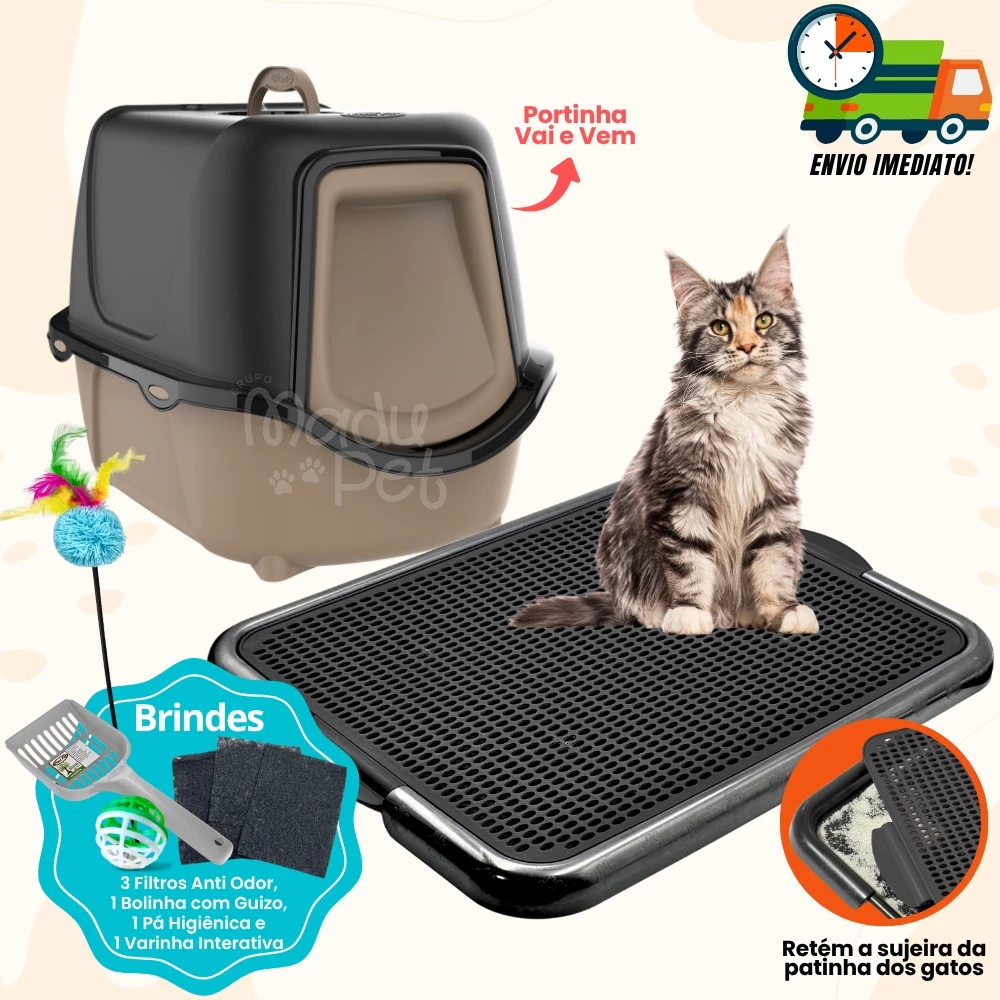 Kit Caixa de Areia para Gatos, c/ Pá e Filtro Anti Odor + Tapete Coletor